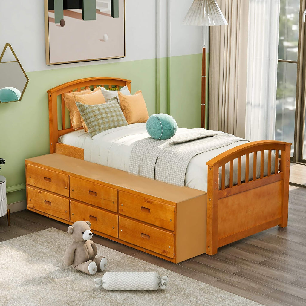 Merax Twin Size Platform Storage Bed Solid Wood Bed with 6 Drawers