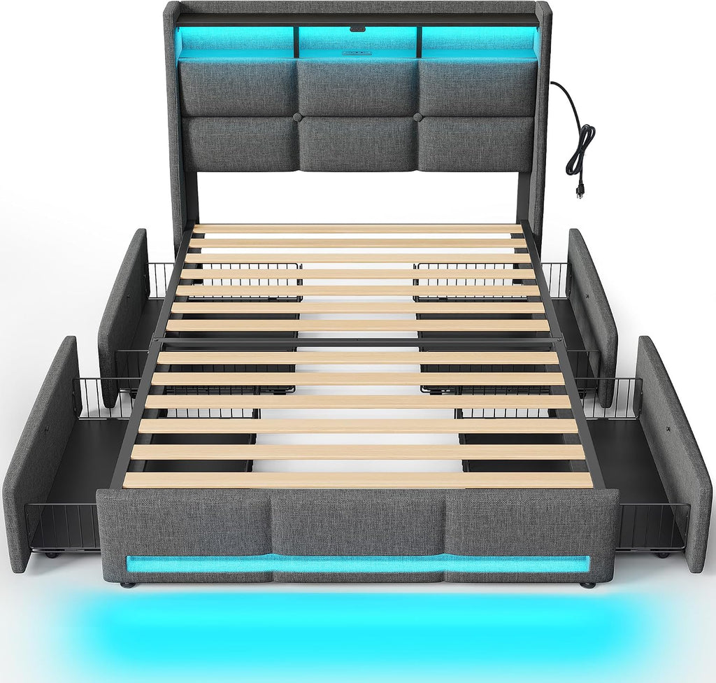 Rolanstar Twin Size Bed Frame with RGB LED Lights & Charging Station, Upholstered Storage Headboard with 4 Drawers, Heavy Duty Metal Frame, No Box Spring Needed, Easy Assembly, Light Grey
