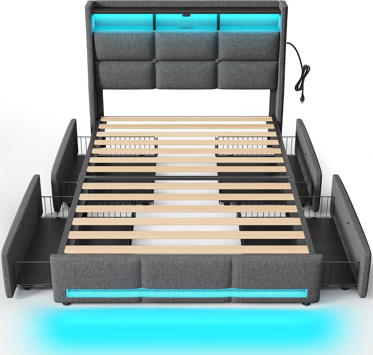 Rolanstar Twin Size Bed Frame with RGB LED Lights & Charging Station, Upholstered Storage Headboard with 4 Drawers, Heavy Duty Metal Frame, No Box Spring Needed, Easy Assembly, Light Grey