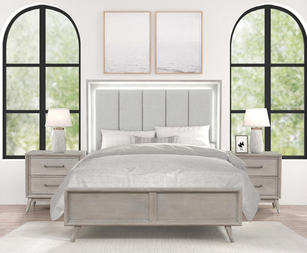 Roundhill Furniture Seluna 3-Piece Bedroom Set with Touch LED Lighting, Gray Oak Finish, Queen
