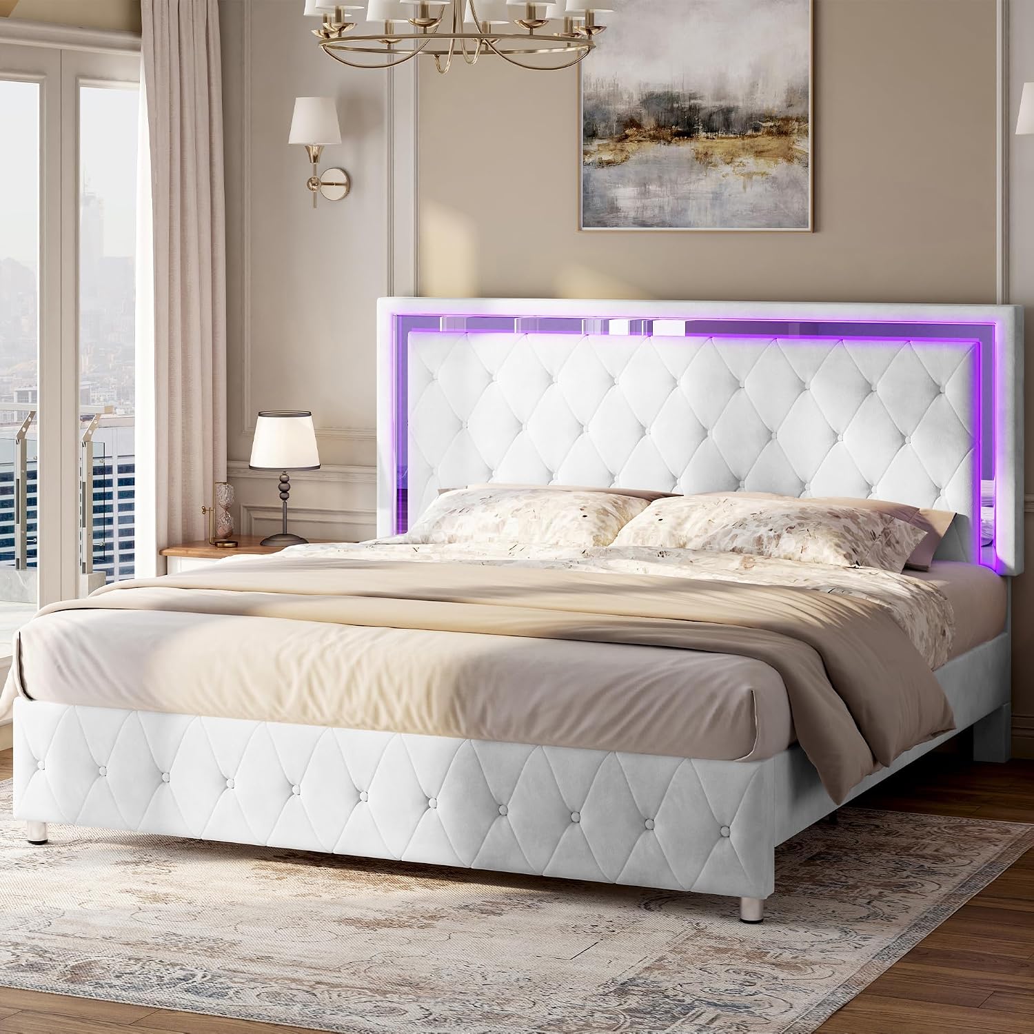 Jocisland Twin Bed Frame with LED Lights Headboard&Footboard, Velvet Upholstered Twin Size Platform Bed Frame No Box Spring Needed/White