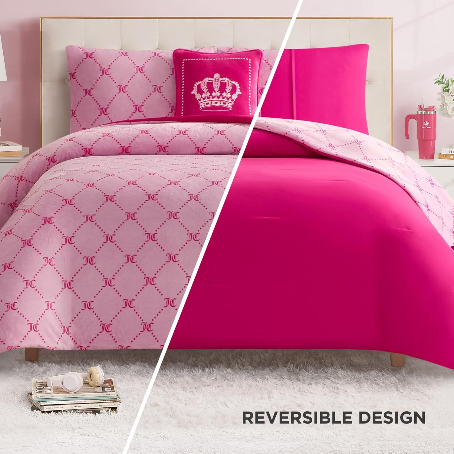 Juicy Couture Plush Reversible Trellis Link 4-Piece King Comforter Set with Decorative Pillow, Pink