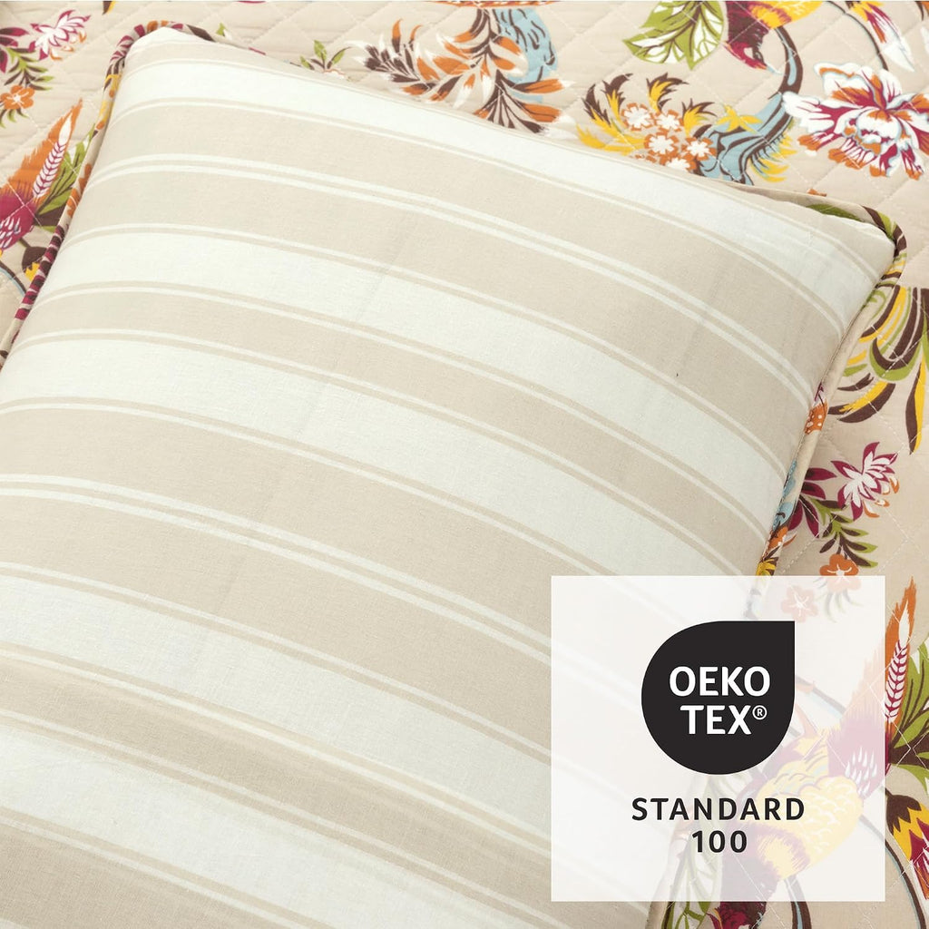 Lush Decor Dolores Reversible Cotton Quilt King Size 3 Piece Set Neutral & Multi - Tropical Bedding Set King - Floral Quilt - Cottage Bedroom Decor