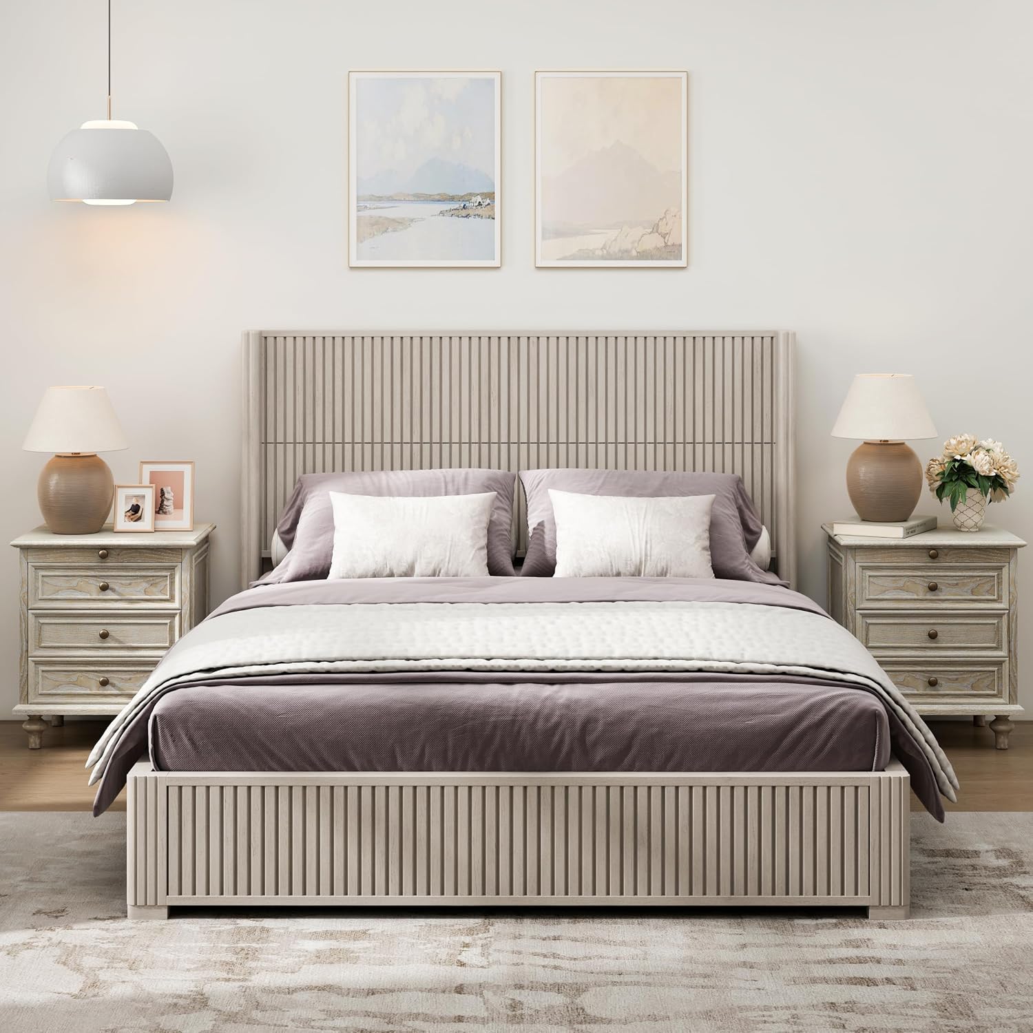 Queen Size Solid Wood Platform Bed Frame with wingback Headboard, Wood Platform Bed Frame Low Profile with 64.49' Headboard, Solid Wood Leg/No Box Spring Needed/Noise Free/Beige