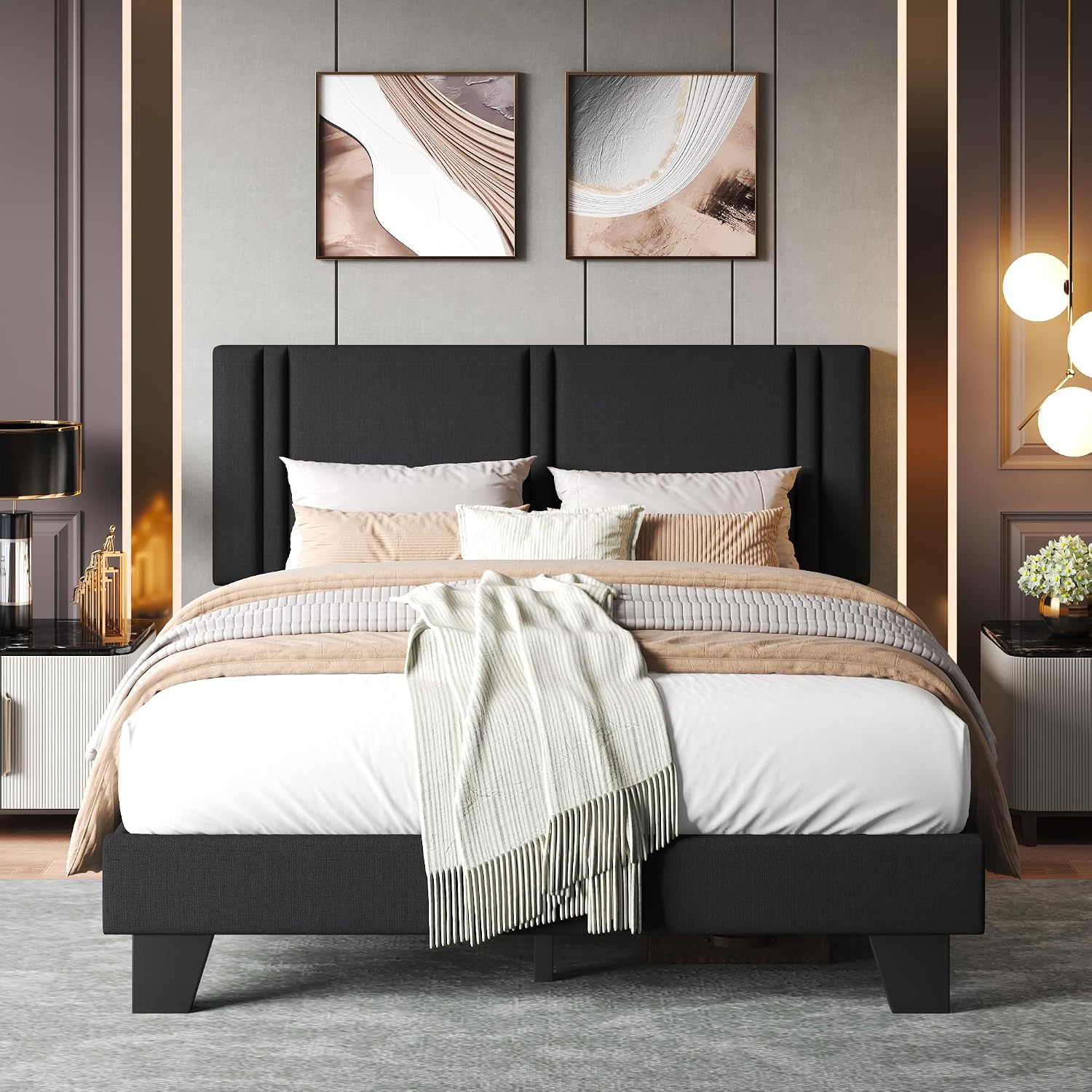 Einhomn Upholstered Queen Size Bed Frame with Linen Fabric Headboard, Strong Wooden Slats Support, Noise Free, No Box Spring Needed, Black