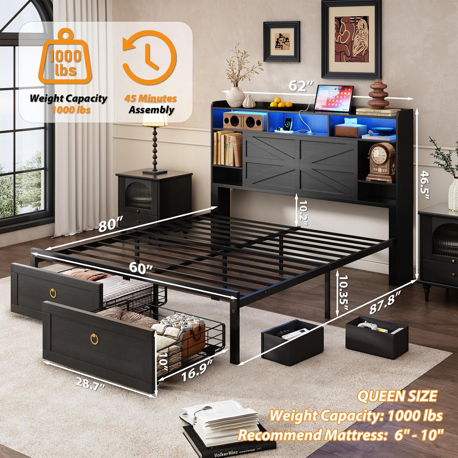 TIGUBFRE Queen Bed Frame with Storage Headboard, Farmhouse Wood Bed Frame Queen Size with 4 Drawers, LED Light & Charging Station, Metal Slats Support, Noise Free, No Box Spring Needed, Rustic Black