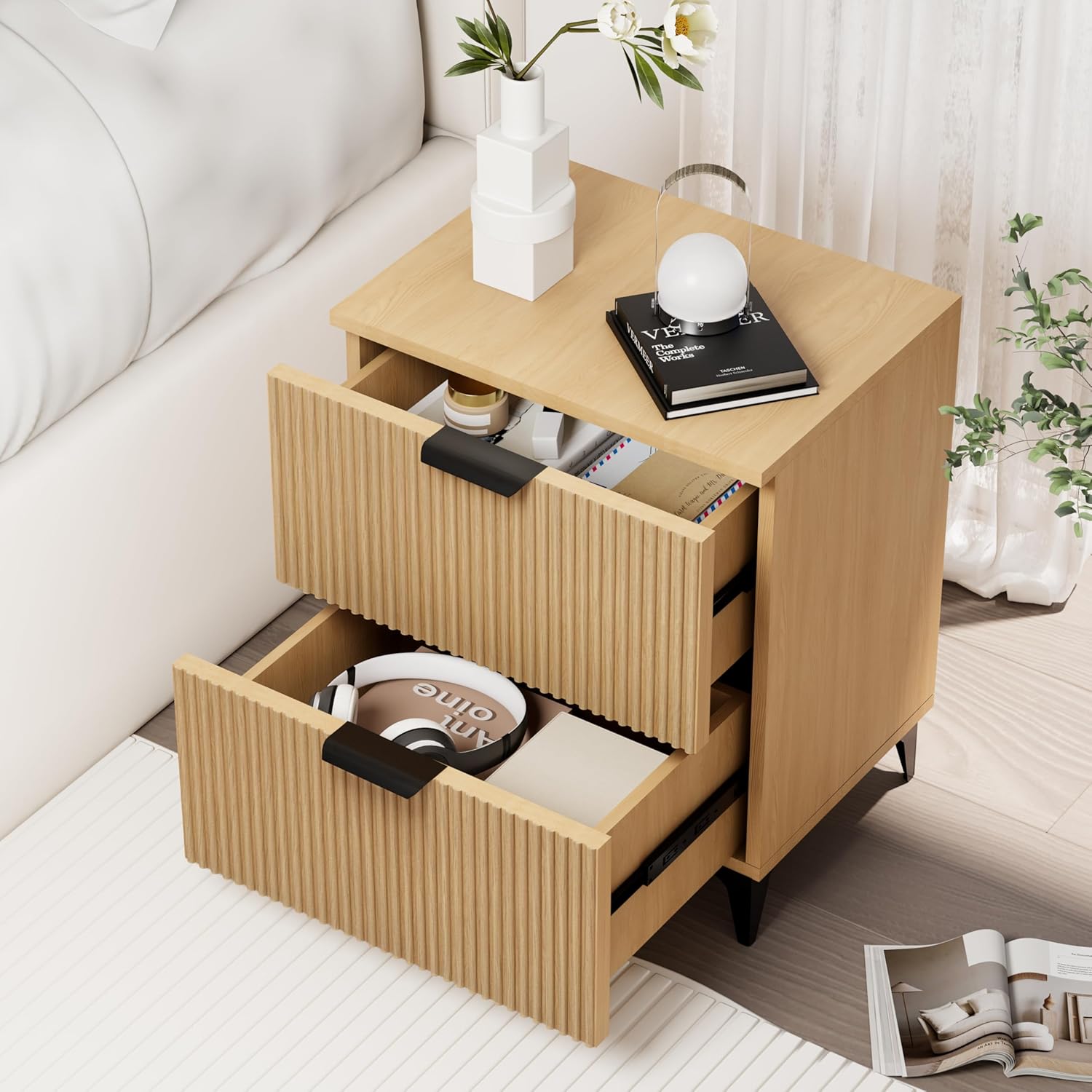 Royal Windsor Small Night Stand Set of 2, Fluted Nightstand with 2 Drawers, Side End Table with Storage, Modern Night Stand Bedside Table for Small Indoor Rooms, Natural Oak