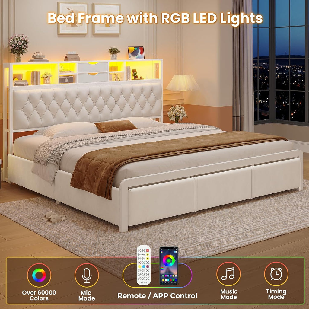BTHFST King Size Bed Frame with 4 Storage Drawers and Headboard, Velvet Upholstered King Platform Bed with LED Lights & Charging Station, No Noise, No Box Spring Needed, Easy Assembly, Beige