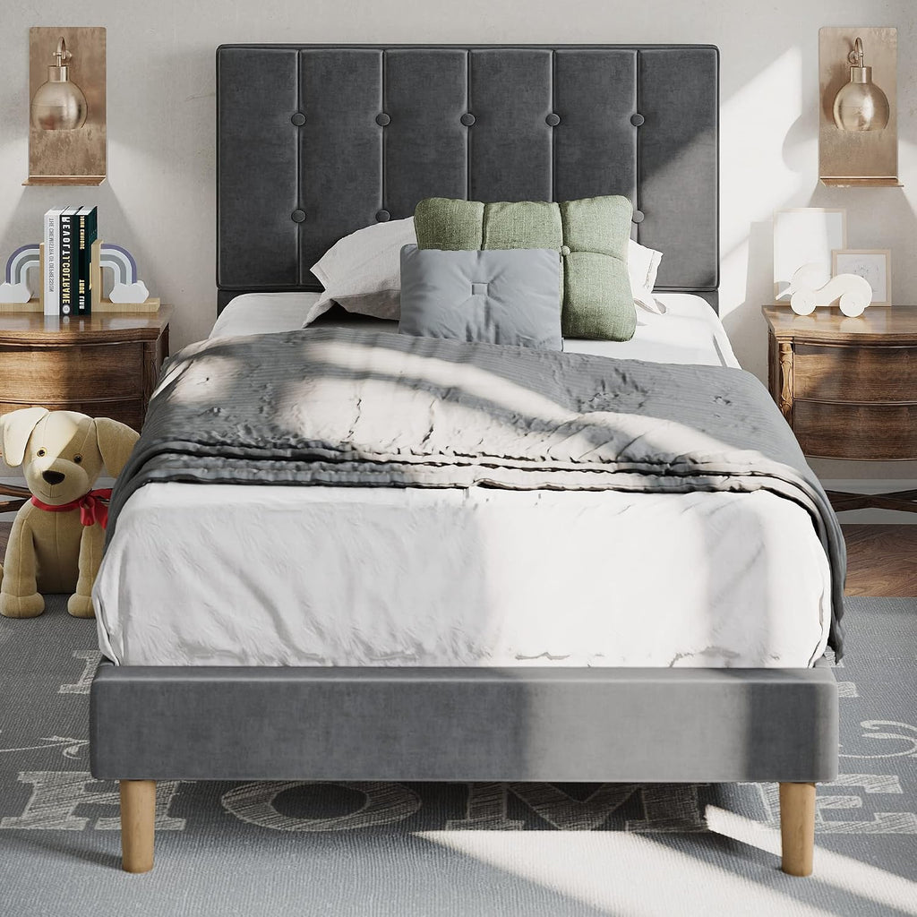 LIKIMIO Twin Bed Frames, Velvet Upholstered Platform Bed Frame with Headboard and Strong Wooden Slats, No Box Spring Needed/Noise-Free/Easy Assembly, Grey