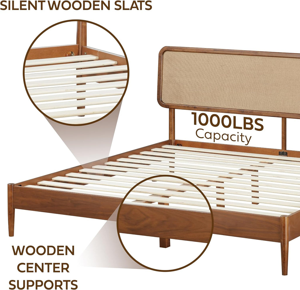 NTC Lupin Wooden Bed Frame with Headboard, Crafted from Walnut, Rubber Wood with Silent Slats and Wood Central Supports, 1000 Lb Capacity, Effortless Assembly, Queen - Dark Walnut