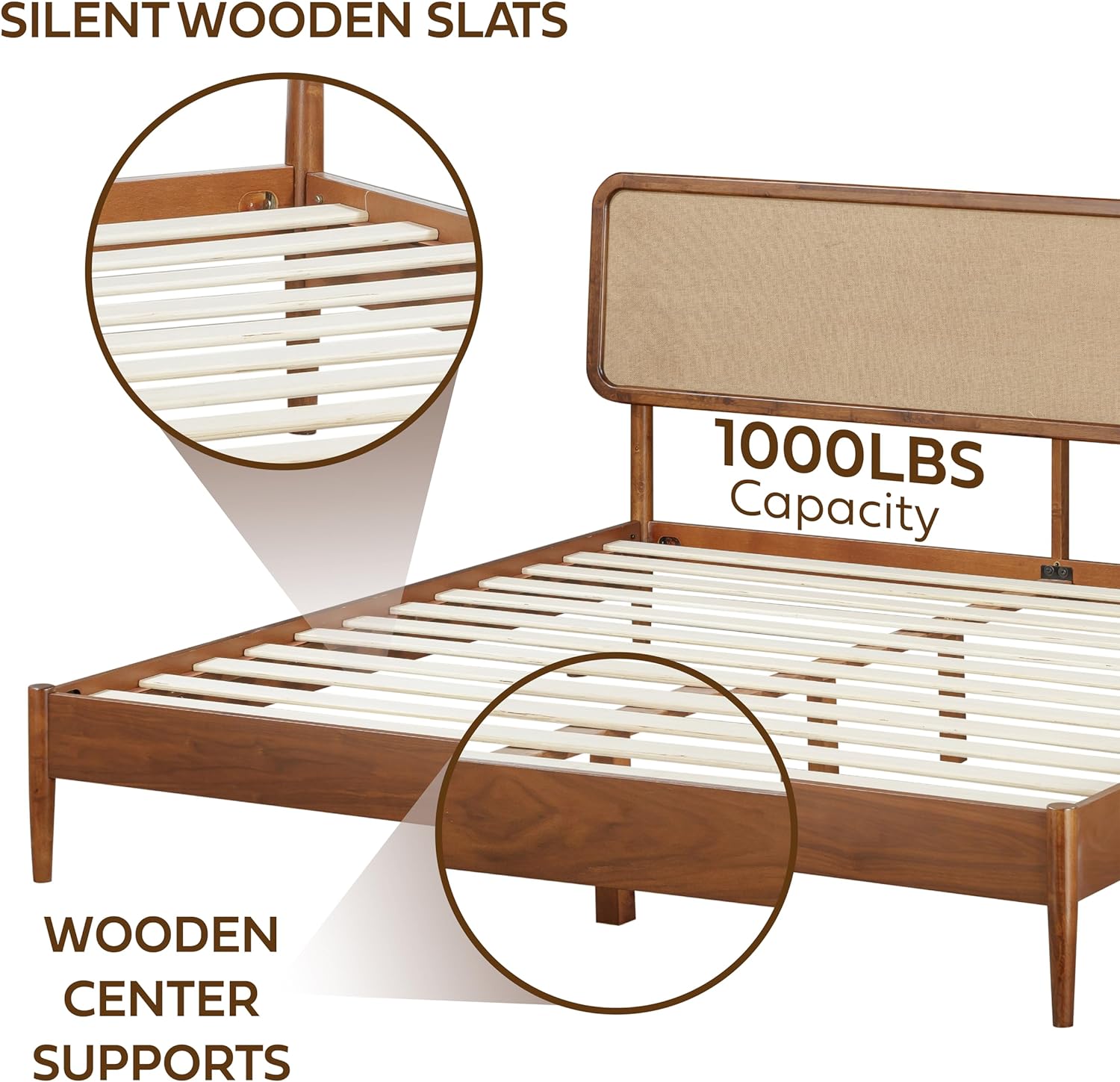 NTC Lupin Wooden Bed Frame with Headboard, Crafted from Walnut, Rubber Wood with Silent Slats and Wood Central Supports, 1000 Lb Capacity, Effortless Assembly, Queen - Dark Walnut
