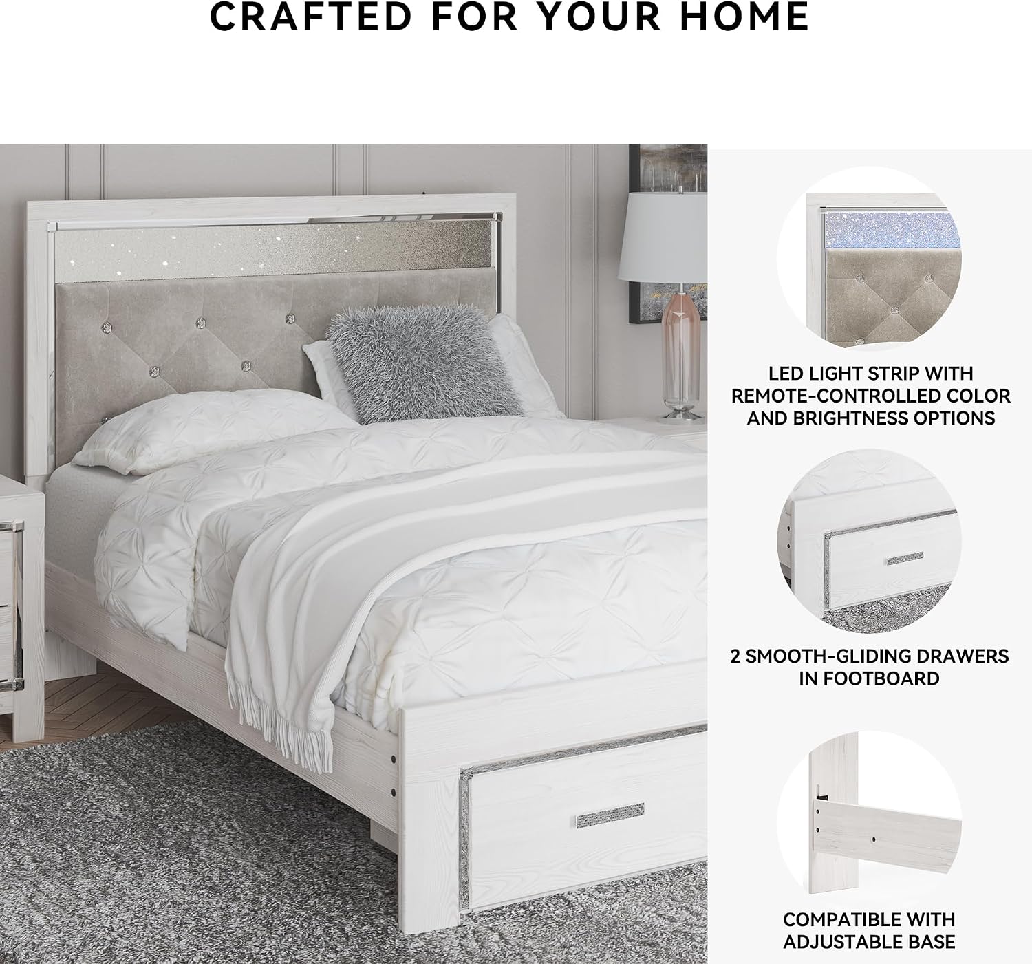 Signature Design by Ashley Altyra Contemporary Adjustable Tufted Queen Upholstered Storage Platform Bed with LED Lights and 2 Drawers, Foundation or Box Spring Not Needed, White & Gray