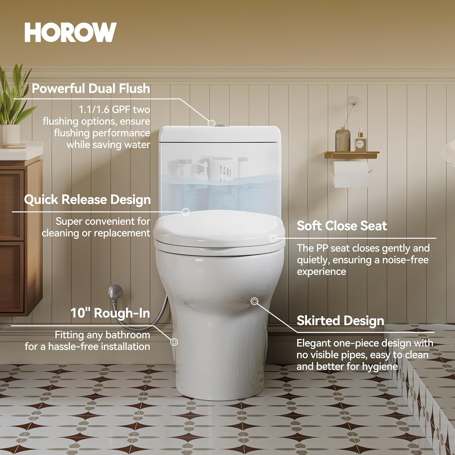 HOROW Compact One Piece Toilet, Dual Flush Elongated Toilet with Soft Close Seat, High-Efficiency Supply, Standard Bathroom Toilet 10' Rough-In, White Finish