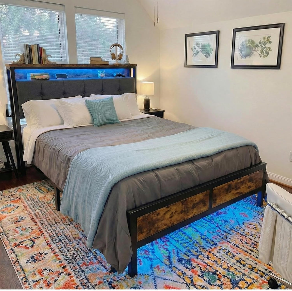 Queen Bed Frame with Charging Station,Bed Frame Queen Size with LED Linghts Have Upholstered Storage Headboard and 12' Under-Bed Storage, Providing Noise-Free and No-Sliding Support,Vintage Brown