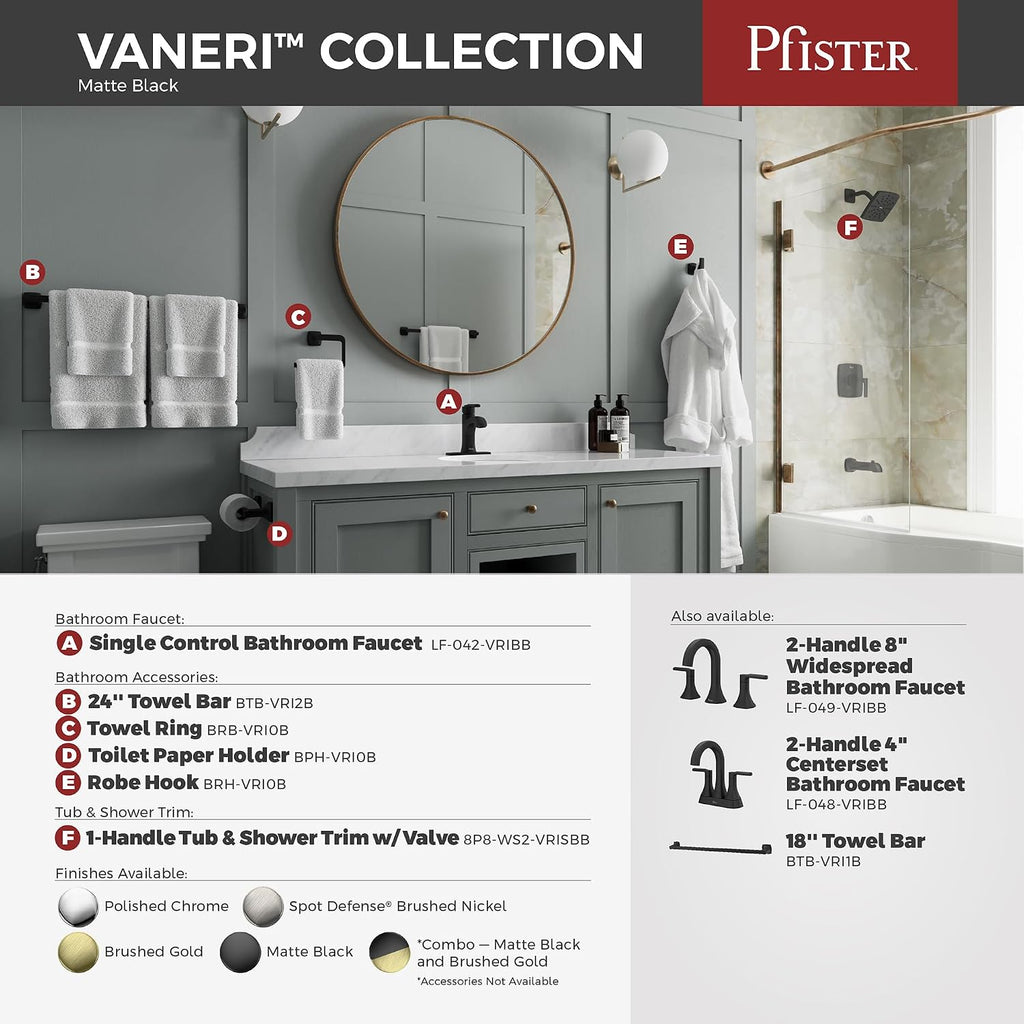 Pfister Vaneri Widespread Bathroom Sink Faucet 8 in 3 Hole 2 Handle Matte Black Finish NSF Certified Water Efficient Push & Seal Drain TiteSeal Technology LF049VRIBB