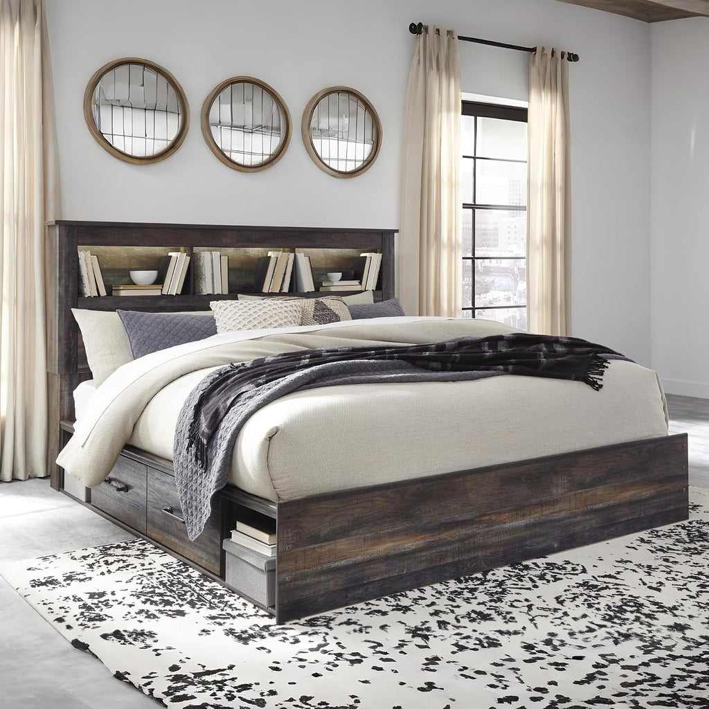 Signature Design by Ashley Drystan Rustic King Bookcase Bed with 2 Storage Drawers, Open Cubbies and LED Light, Foundation or Box Spring Not Needed, Dark Brown & Gray