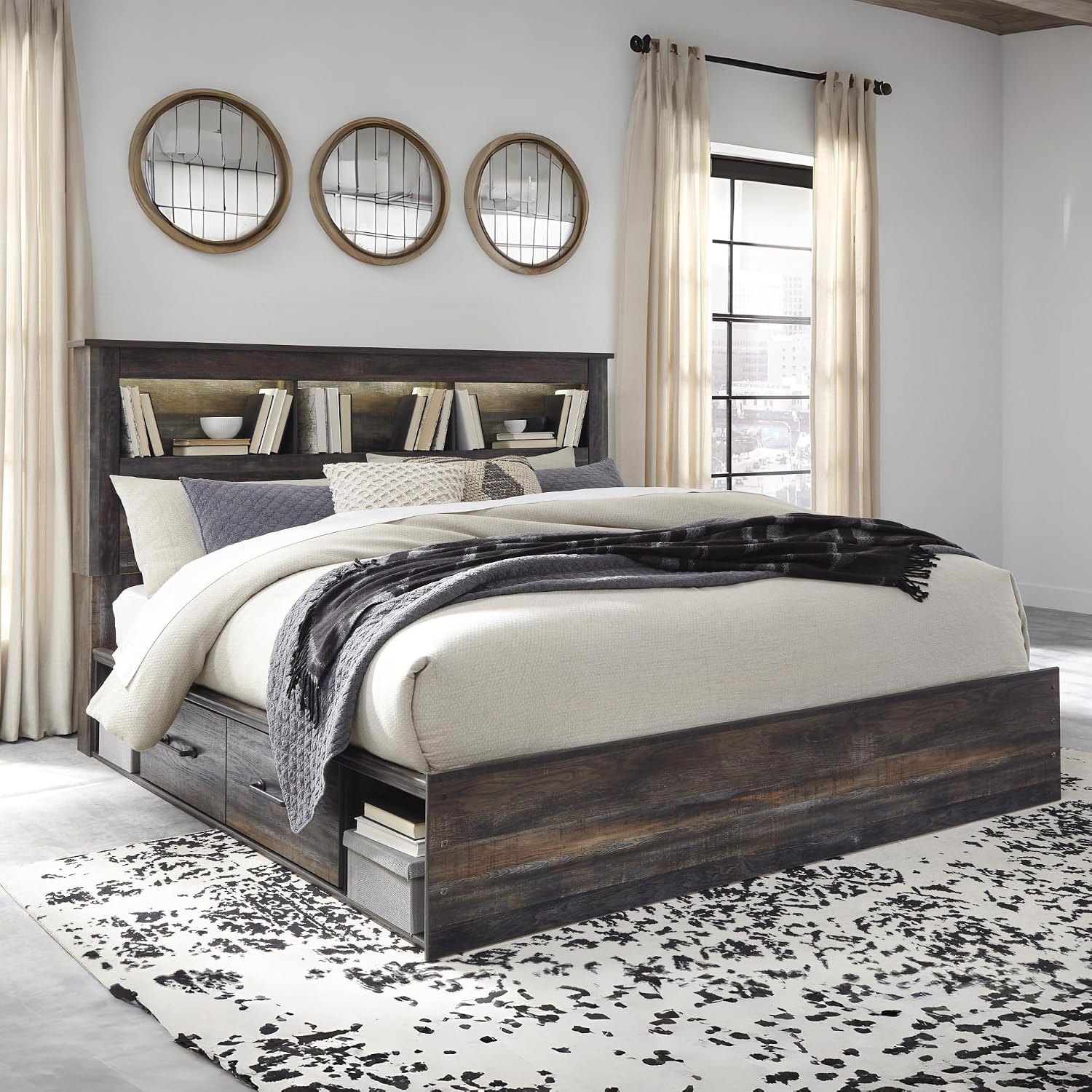 Signature Design by Ashley Drystan Rustic King Bookcase Bed with 2 Storage Drawers, Open Cubbies and LED Light, Foundation or Box Spring Not Needed, Dark Brown & Gray