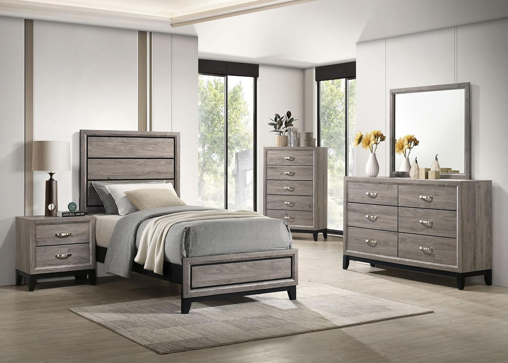 Coaster Home Furnishings - Watson - Wood - 5-Piece Bedroom Set with Panel Headboard and Groove Details - Bedroom - Twin Size - Light Taupe - 215911T-S5