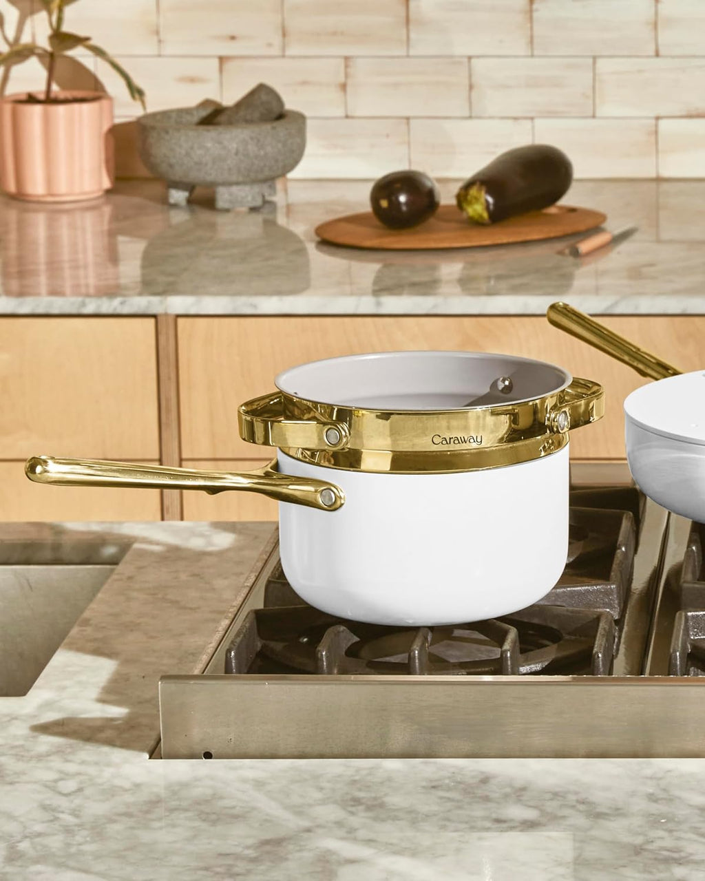 Caraway Nonstick 3 Qt Ceramic Sauce Pan with Lid & Steamer - Non Toxic, PTFE & PFOA Free - Oven Safe & Compatible with All Stovetops (Gas, Electric & Induction) - Black