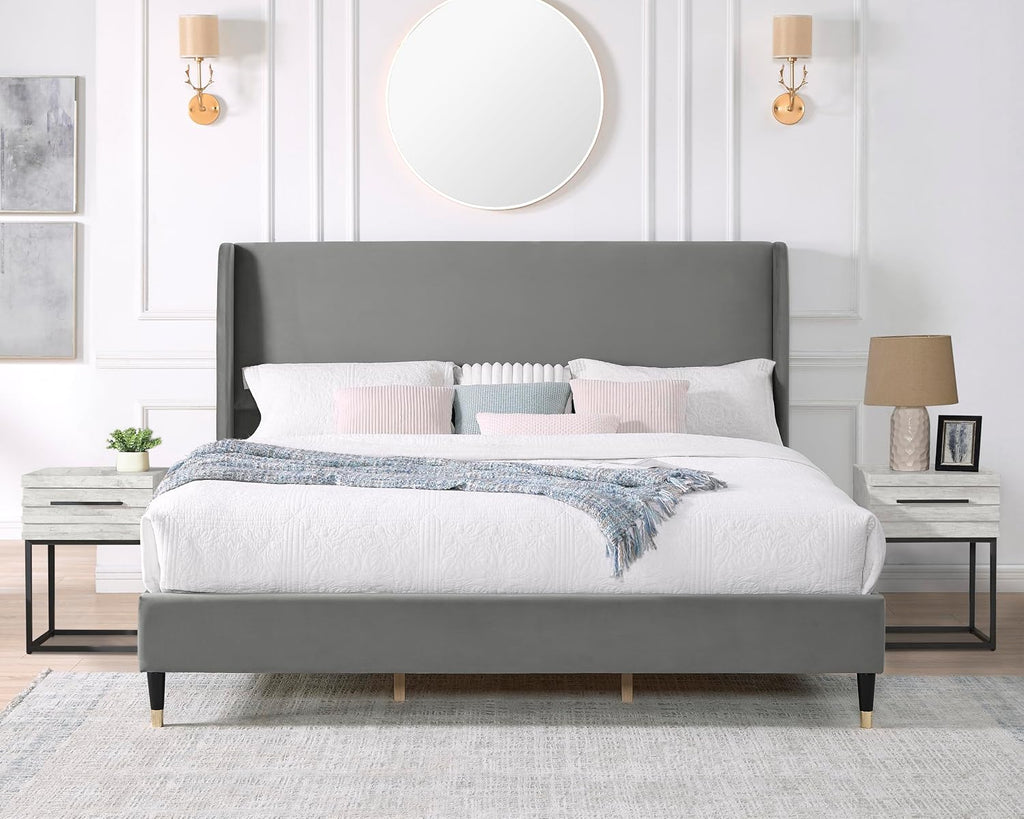 Roundhill Furniture Arles 3-Piece Upholstered Bedroom Set, Wingback Platform Bed with Two Nightstands, Gray Velvet, King