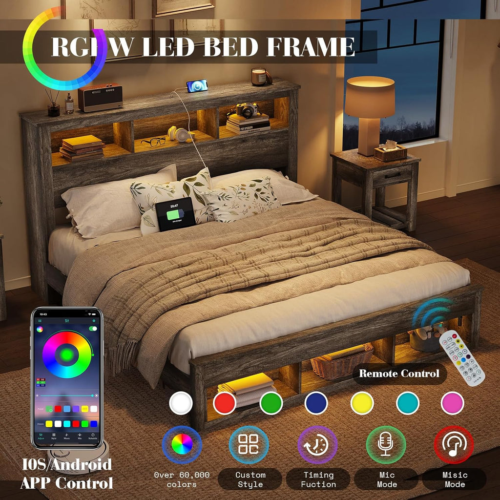 Albott Farmhouse King Size Bed Frame with Storage/Bookcase Headboard & Footboard, Wood Platform Bed with LED Lights/Charging Station, Heavy-Duty Metal Support/No Box Spring Needed/Noise-Free, Gray