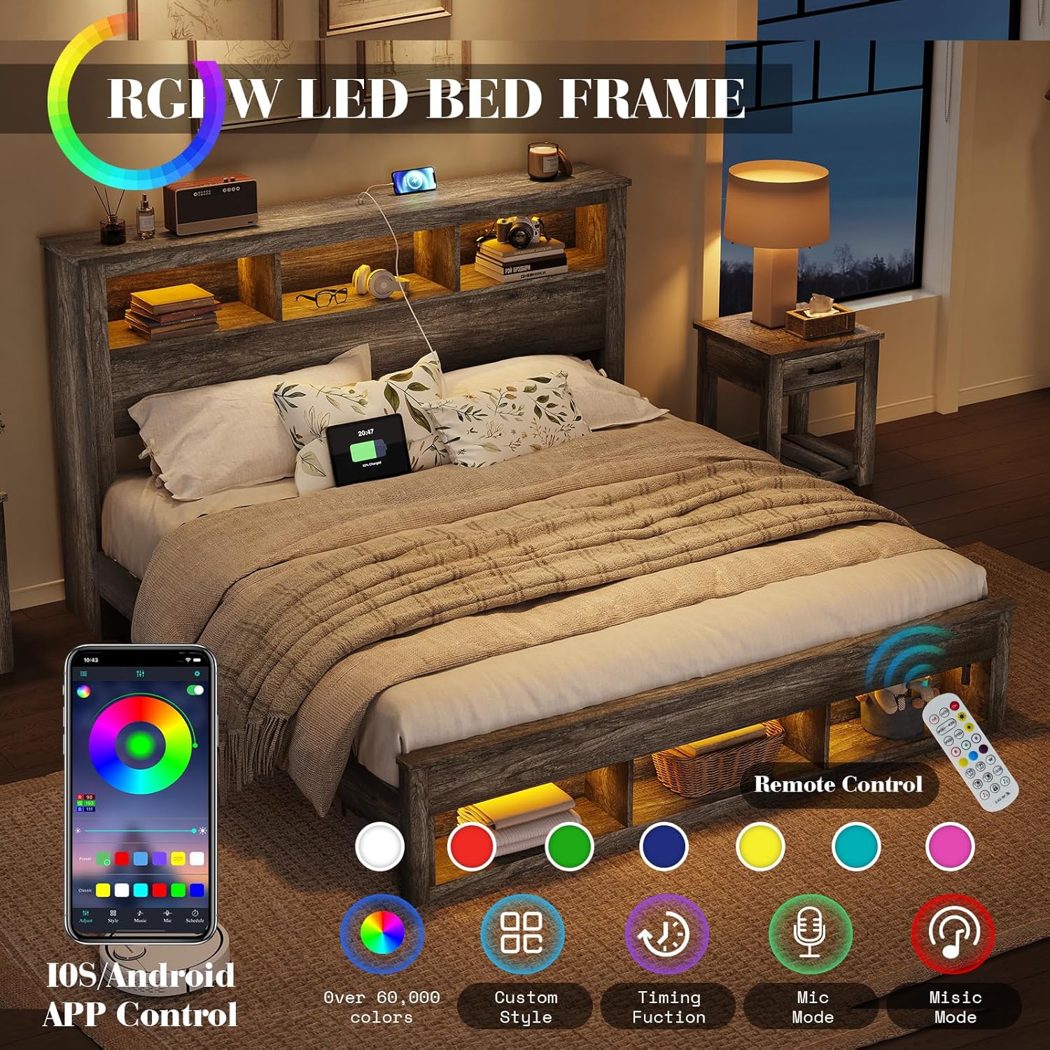Albott Farmhouse King Size Bed Frame with Storage/Bookcase Headboard & Footboard, Wood Platform Bed with LED Lights/Charging Station, Heavy-Duty Metal Support/No Box Spring Needed/Noise-Free, Gray