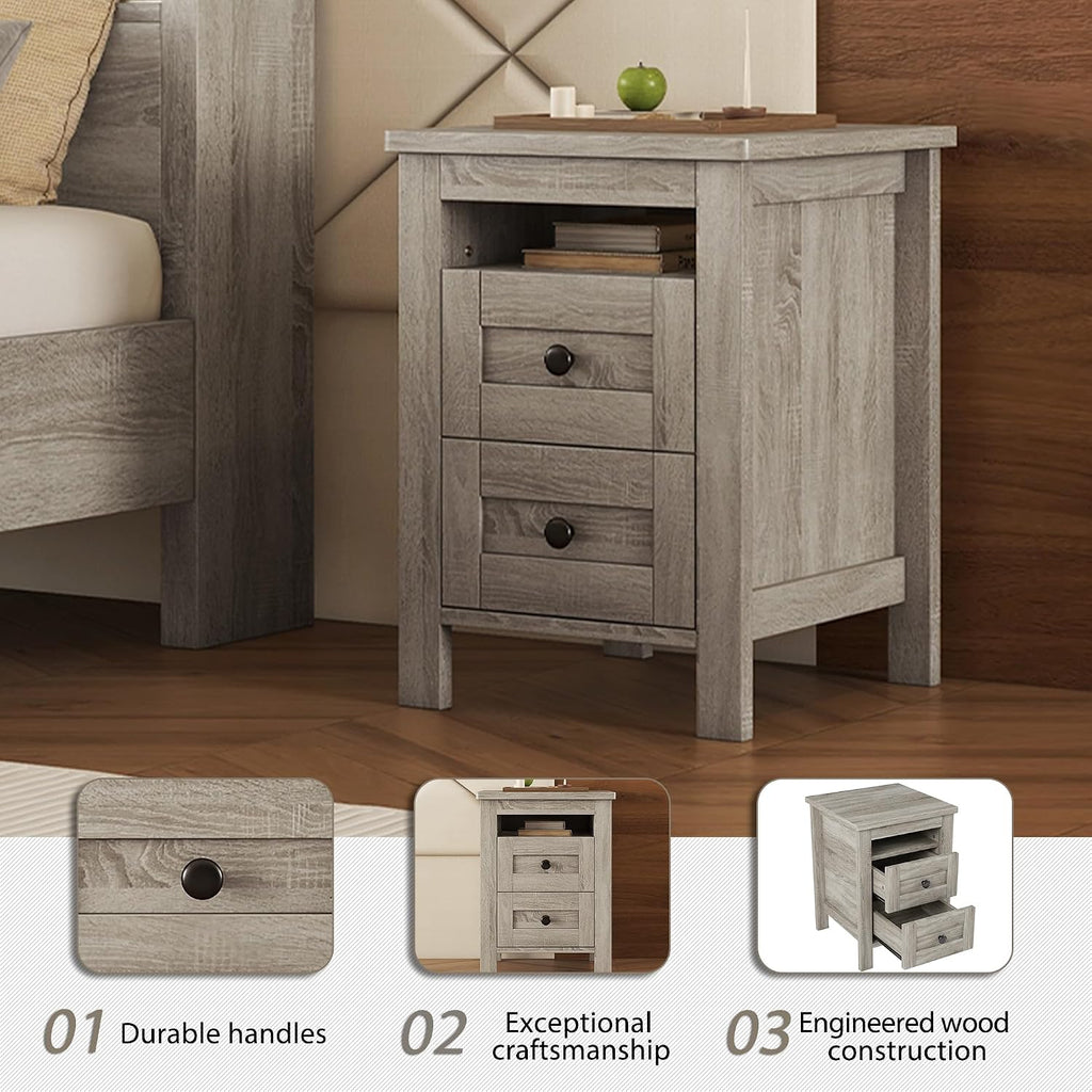 SOFTSEA 3 Piece Wood Platform Bed Set, Full Size Bed Frame with Sliding Door Storage Headboard, Storage Nightstand and Dresser, Farmhouse Bedroom Set with Charging Station, Antique Gray