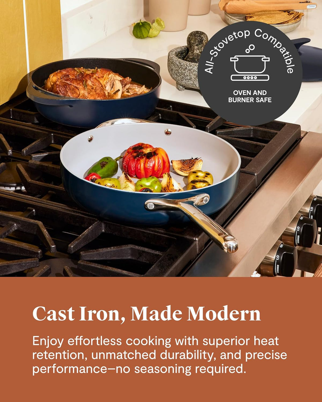 Caraway 10.5' Cast Iron Skillet and 3.5qt Braiser Pan Duo - 3 Layer Enamel Coating - No Seasoning Required - Compatible With All Stovetops - Oven Safe - Free From Forever Chemicals - Midnight Blue