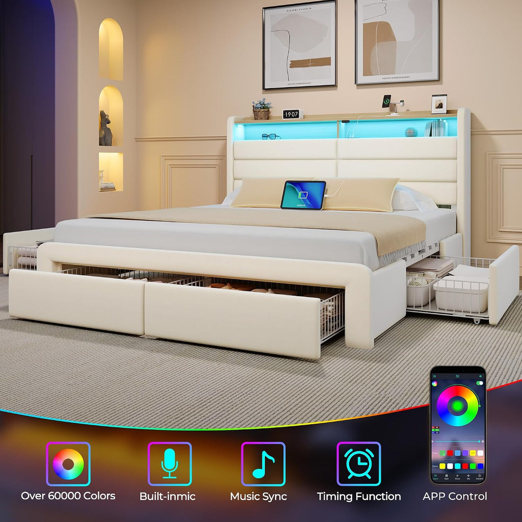 Seventable Full Bed Frame with Storage Drawers & Charging Station, Upholstered Platform Bed with LED Light and Storage Headboard, No Box Spring Needed, Noise Free, Easy Assembly, Biege