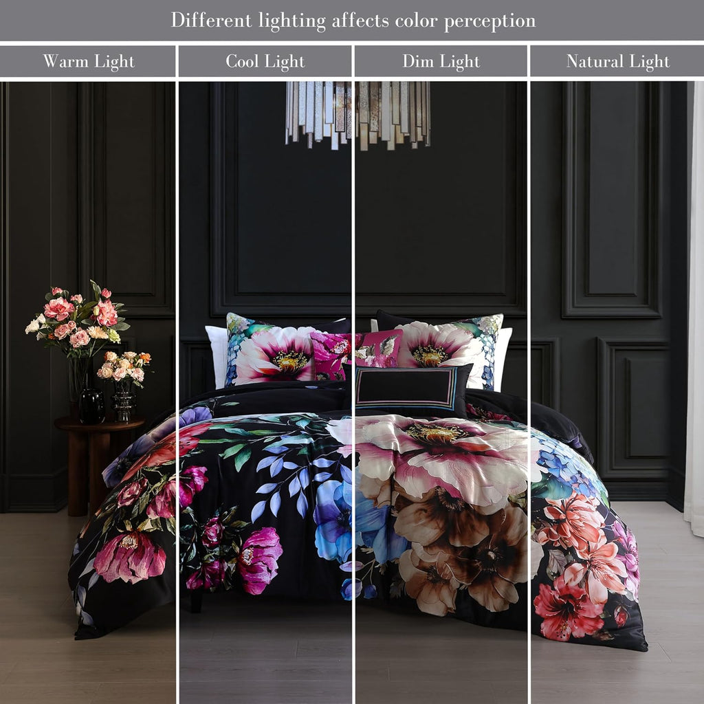 Bebejan Black Night Poppies 5 Piece Comforter Set, 100% Cotton Sateen, 220 Thread Count, Reversible Bedding Comforter Set, 1 Comforter, 2 Shams & 2 Pillows (Full/Queen)
