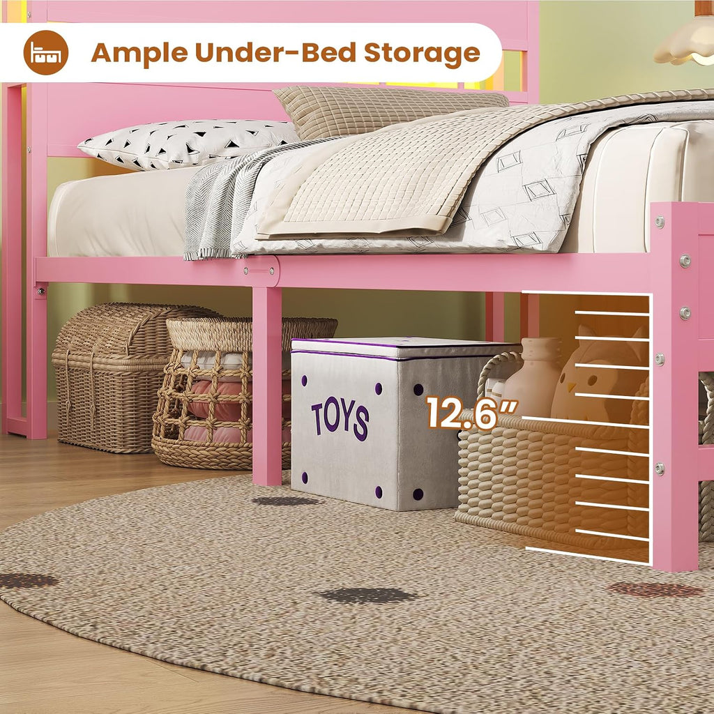 BTHFST Twin Bed Frame with Storage Headboard & Charging Station, LED Bed Frame Twin with 5 Shelves & Under Bed Storage, Platform Bed Frames for Kids, No Box Spring Needed, Pink