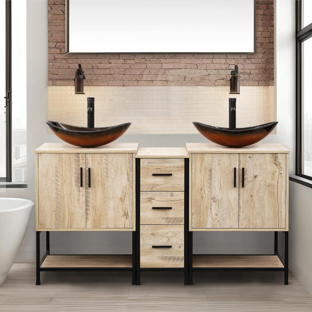 UEV Rustic Oak 60' Double Bathroom Vanity with Sink Combo,Industrial Iron Frame 2 Main Bathroom Vanity with Middle 3 Drawers Cabinet,Modern Brown Boat Tempered Glass Vessel Sink(029BR)