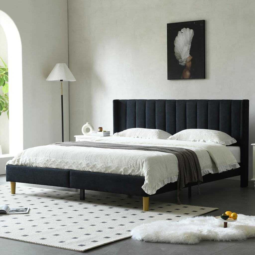 YUHUASHI upholstered Platform Bed Frame/King Bed Frame/Modern Geometric Double-Wing Design headboard/Linen Fabric/Easy to Assemble no Noise (Black, King (U.S. Standard))
