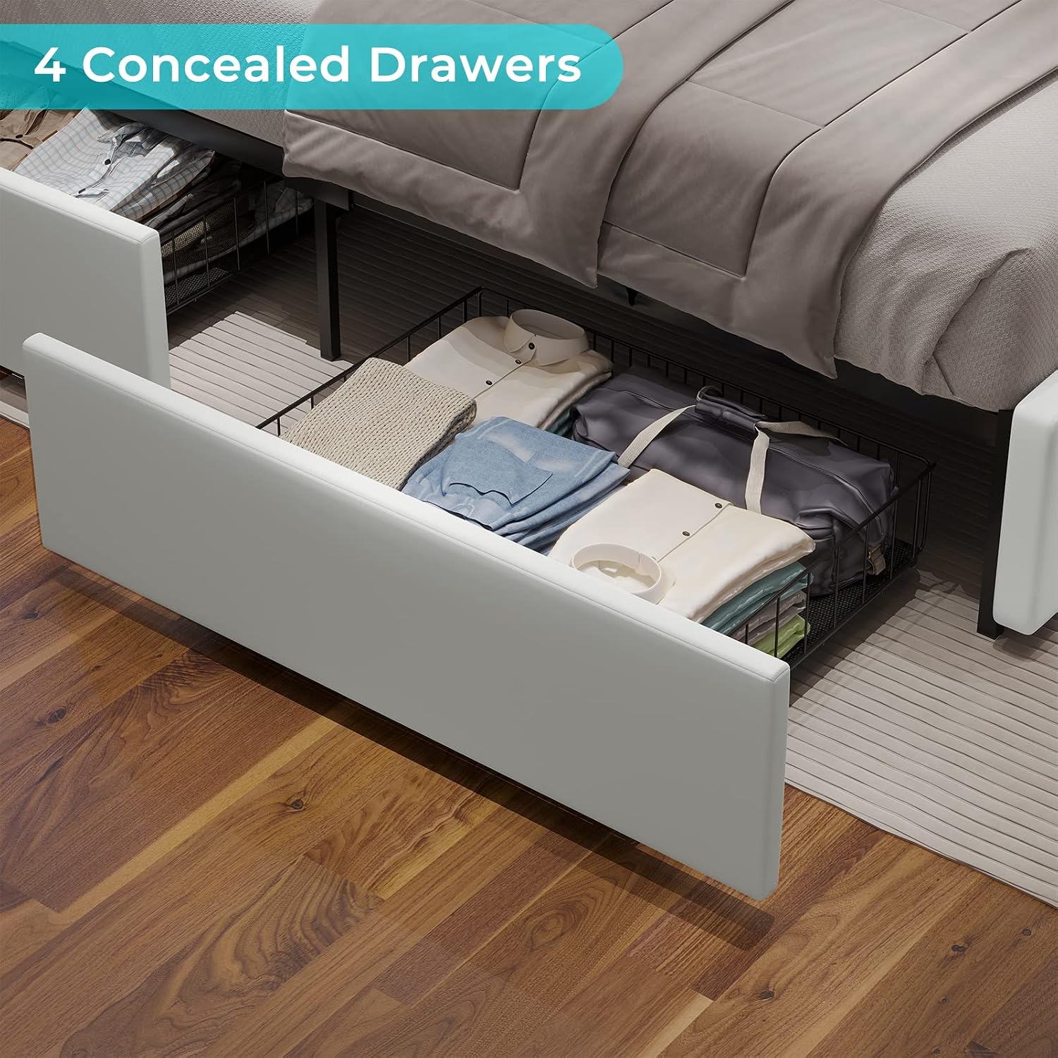 Hasuit Queen Bed Frame with 4 Storage Drawers Underneath, Upholstered Platform Bed Queen Size with Artificial Leather Headboard, Modern Bed with LED Light, and Charging Station, White