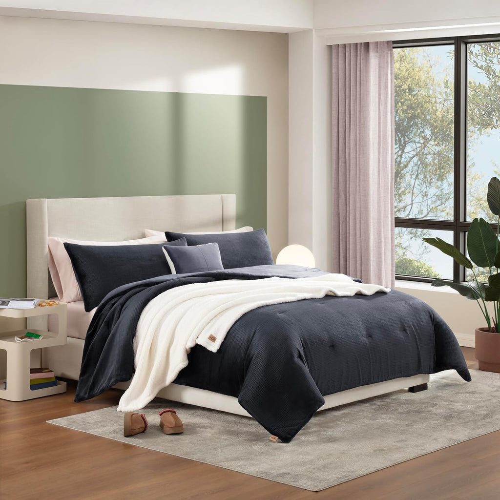 UGG Remina Comforter Set 5 Piece Bed in a Bag with Throw Blanket, Decorative Pillow, Shams, and Reversible Comforter Hypoallergenic Washable Luxury Plush Warm Plush Fluffy Bedding Set, King, Navy Blue