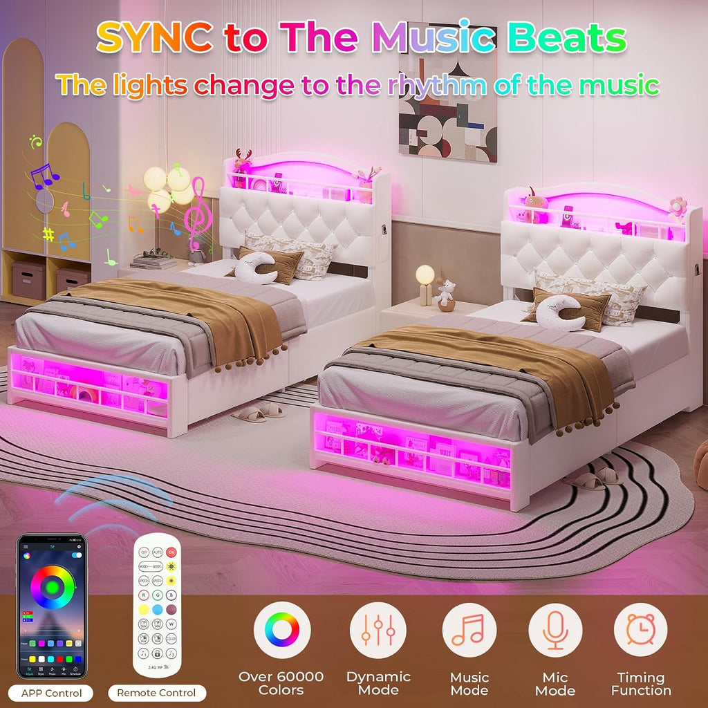HAUOMS Twin Size Bed Frame with LED Lights & 4 Drawers, Princess Velvet Upholstered Platform Bed for Girls, Headboard with Charging Station & Guardrail & Crystal Button, No Box Spring Needed, Beige