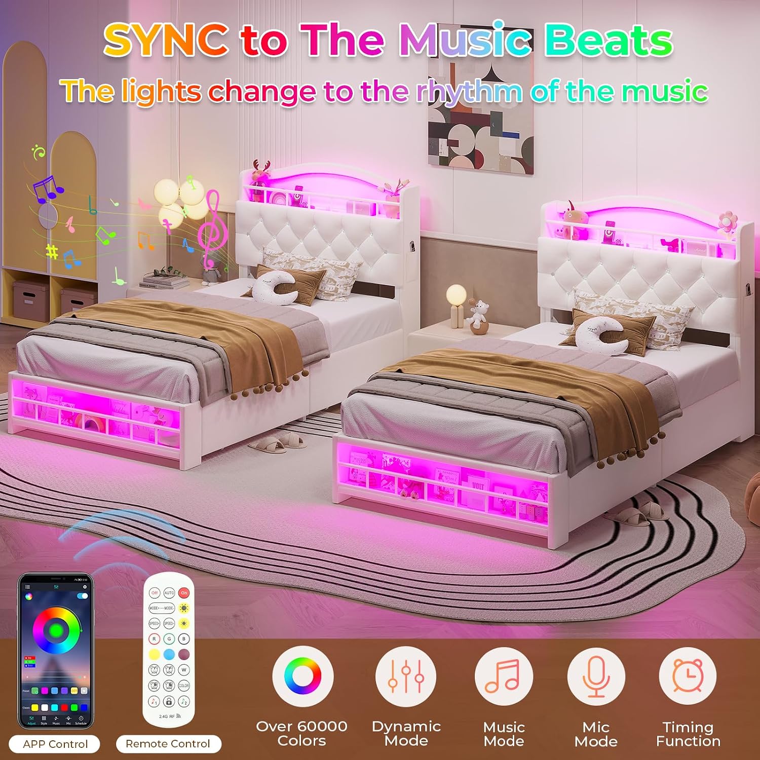 HAUOMS Twin Size Bed Frame with LED Lights & 4 Drawers, Princess Velvet Upholstered Platform Bed for Girls, Headboard with Charging Station & Guardrail & Crystal Button, No Box Spring Needed, Beige