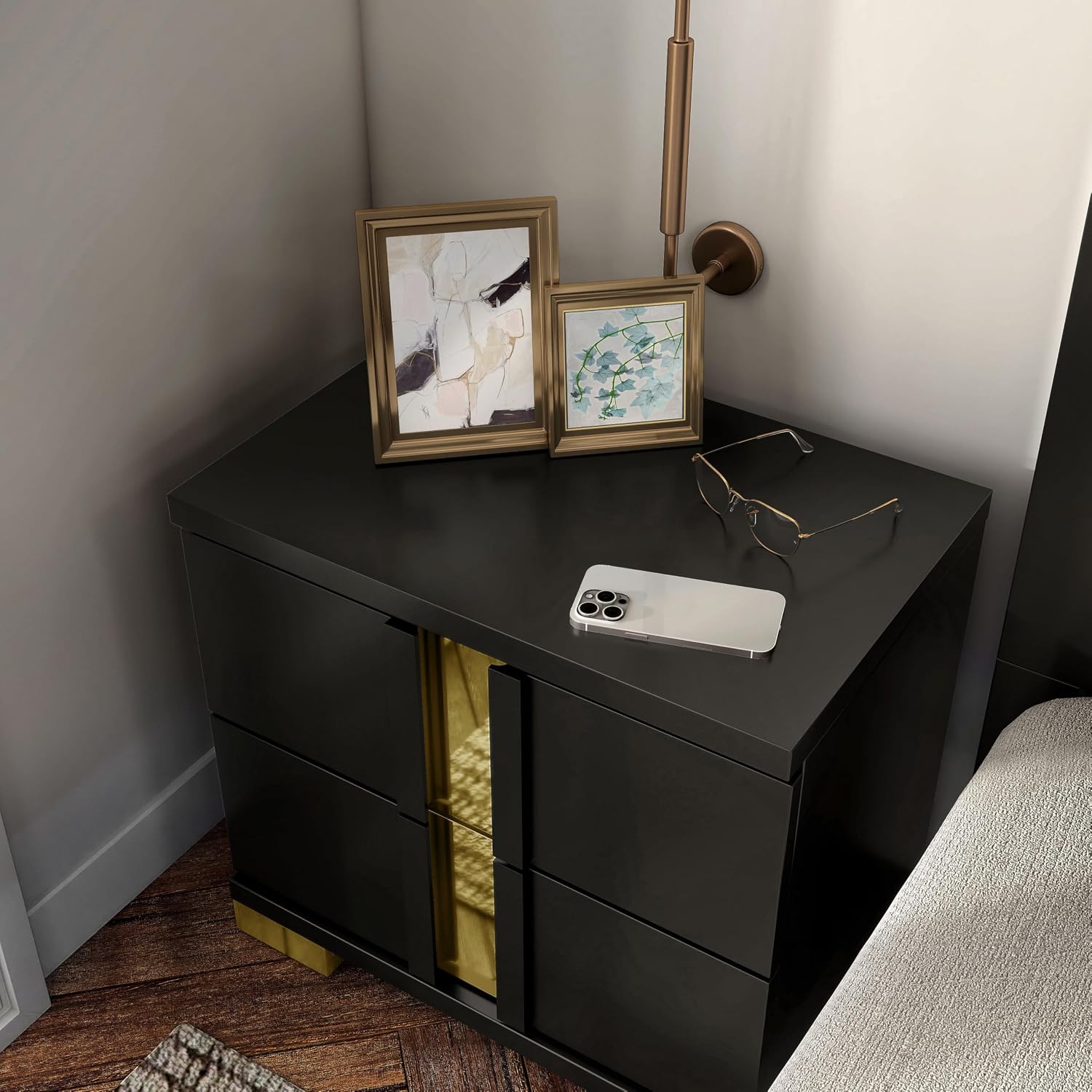 Furniture of America Ansten Modern Wood 5-Piece Platform Bedroom Set with Gold Trim, Underbed LED, Dust Proof Cases, Bracketed Metal Legs, No Box Spring Needed, Full, Black
