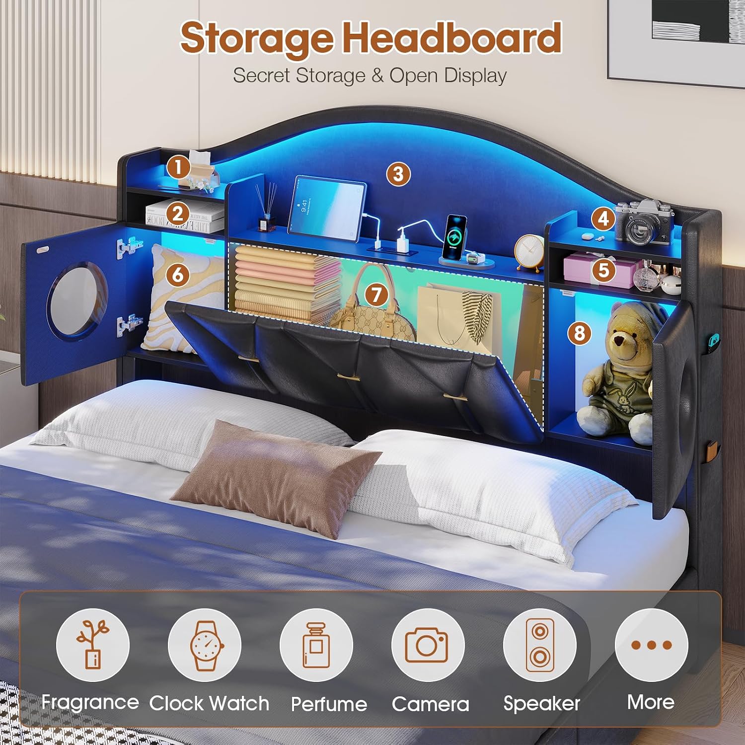 Queen Bed Frame with 6 Storage Drawers and Headboard,Bed Frame Queen Size with Charging Station & LED Light,Platform Metal Bed Frame with Storage,Queen Bed No Box Spring Needed,Easy Assembly,PU Black