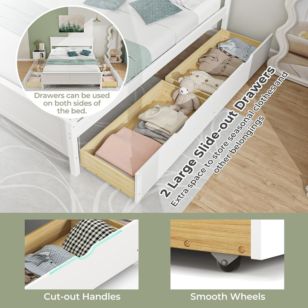 Giantex Wood Full Size Bed Frame with 2 Storage Drawers, Solid Wood Platform Bed with Headboard, Wooden Slats Mattress Foundation, No Spring Needed, Full Bed Frame for Kids, Teens, Adults, White