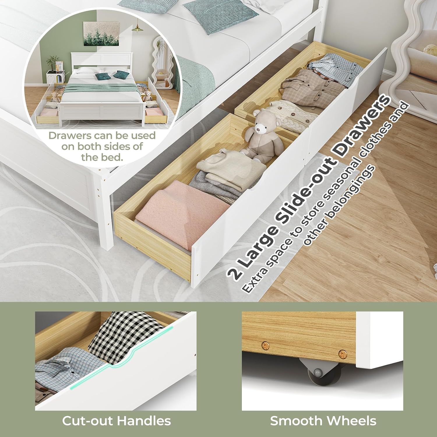 Giantex Wood Full Size Bed Frame with 2 Storage Drawers, Solid Wood Platform Bed with Headboard, Wooden Slats Mattress Foundation, No Spring Needed, Full Bed Frame for Kids, Teens, Adults, White