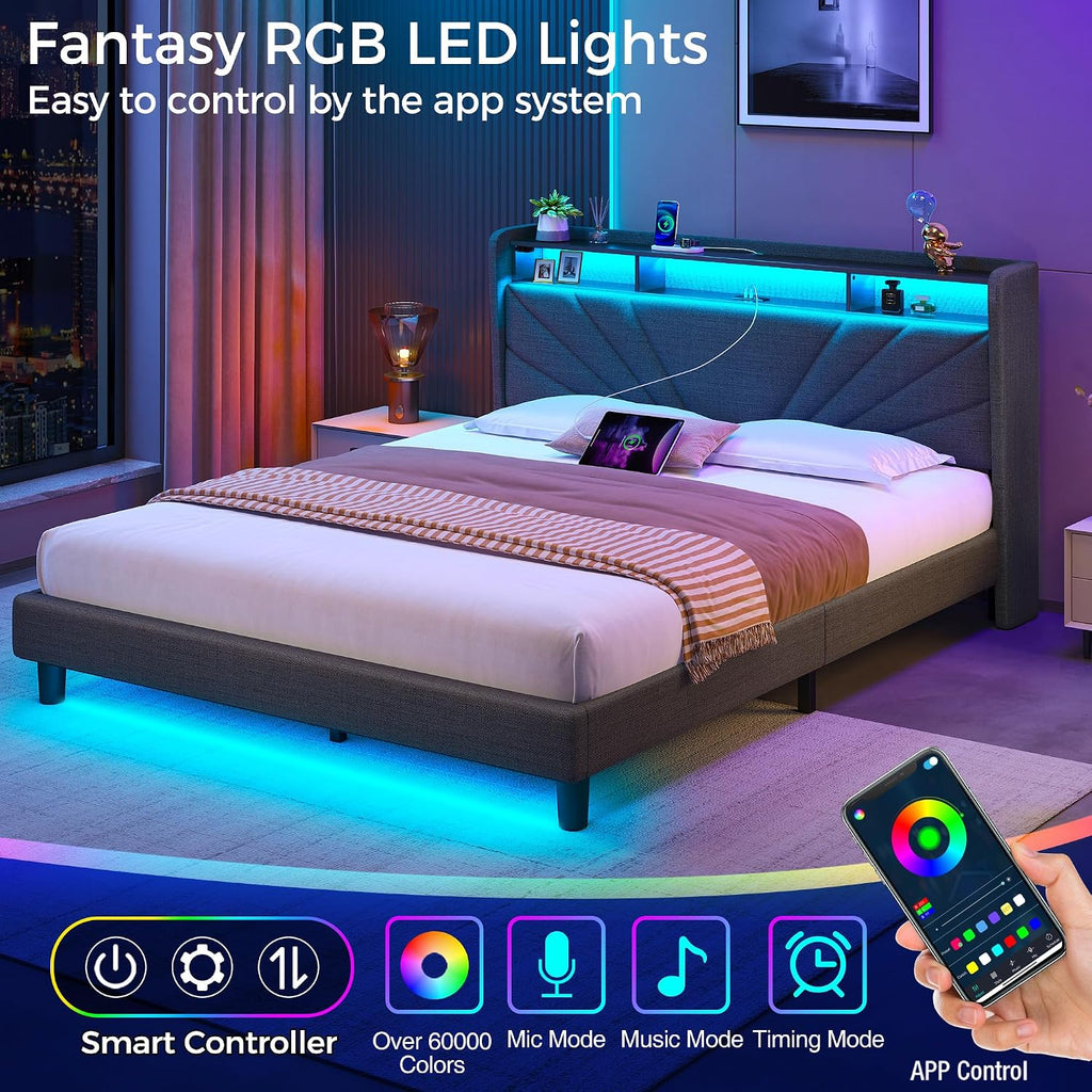 Rolanstar Full Size Bed Frame, Storage Headboard with Charging Station and LED Lights, Upholstered Bed with Heavy Duty Wood Slats, No Box Spring Needed, Noise Free, Easy Assembly, Dark Grey