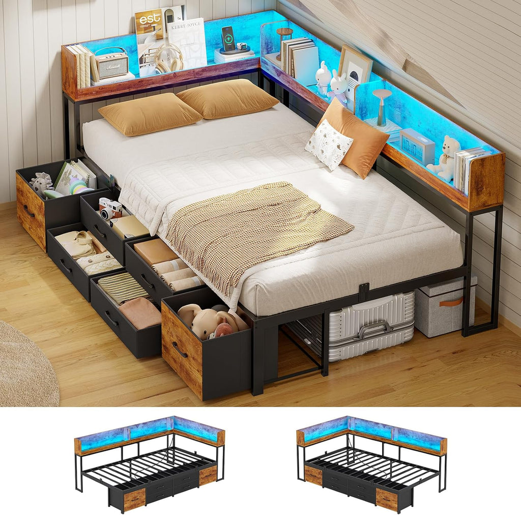 MSmask 14 Inch Corner Bed Frame with Bookcase Storage, Twin Daybed with 6 Drawers, Charging Station and LED Light, Twin Size Metal Platform Bed Frame for Kids Teenagers, Black & Vintage Brown