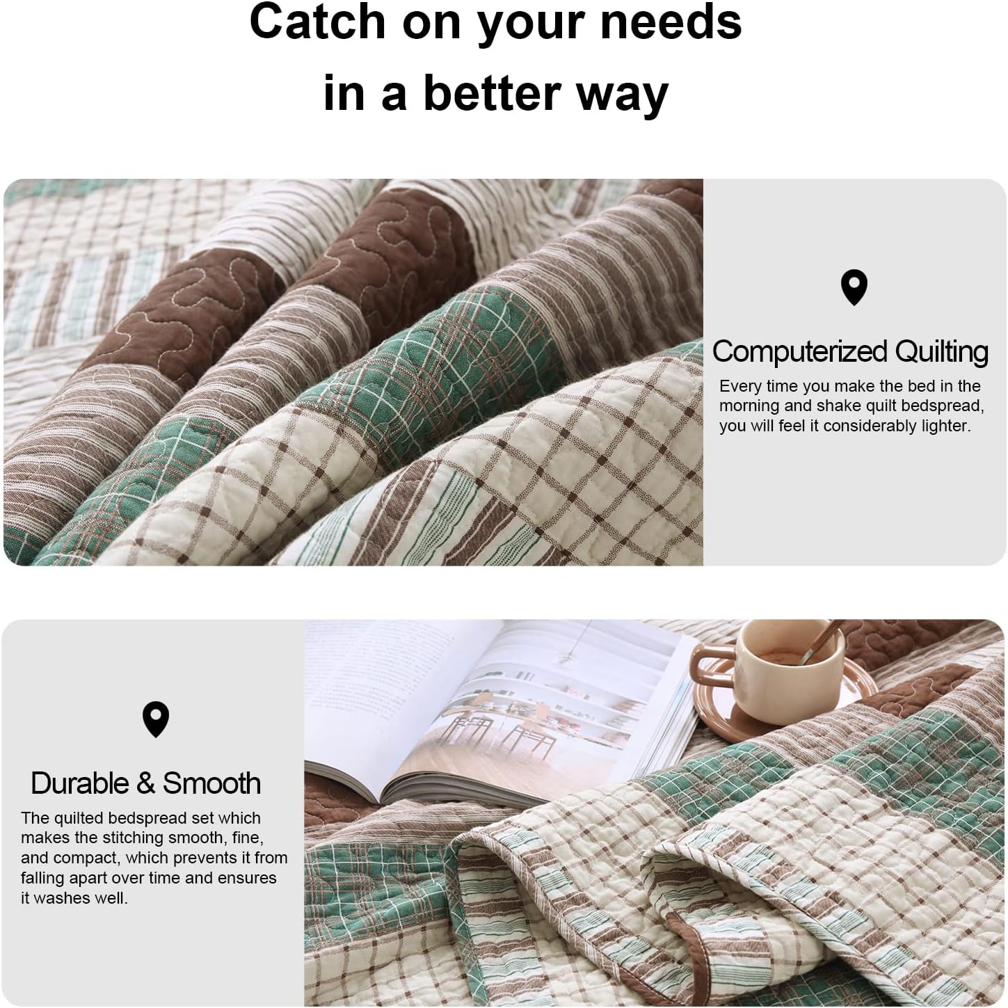 PANGUSHAN 100% Cotton Quilt Set King Size, Patchwork King Quilt Bedding Set Bedspreads, Farmhouse Lightweight Comforter Reversible Quilt, Green/Brown/Beige Bed Spread for All Season, 3 Pieces