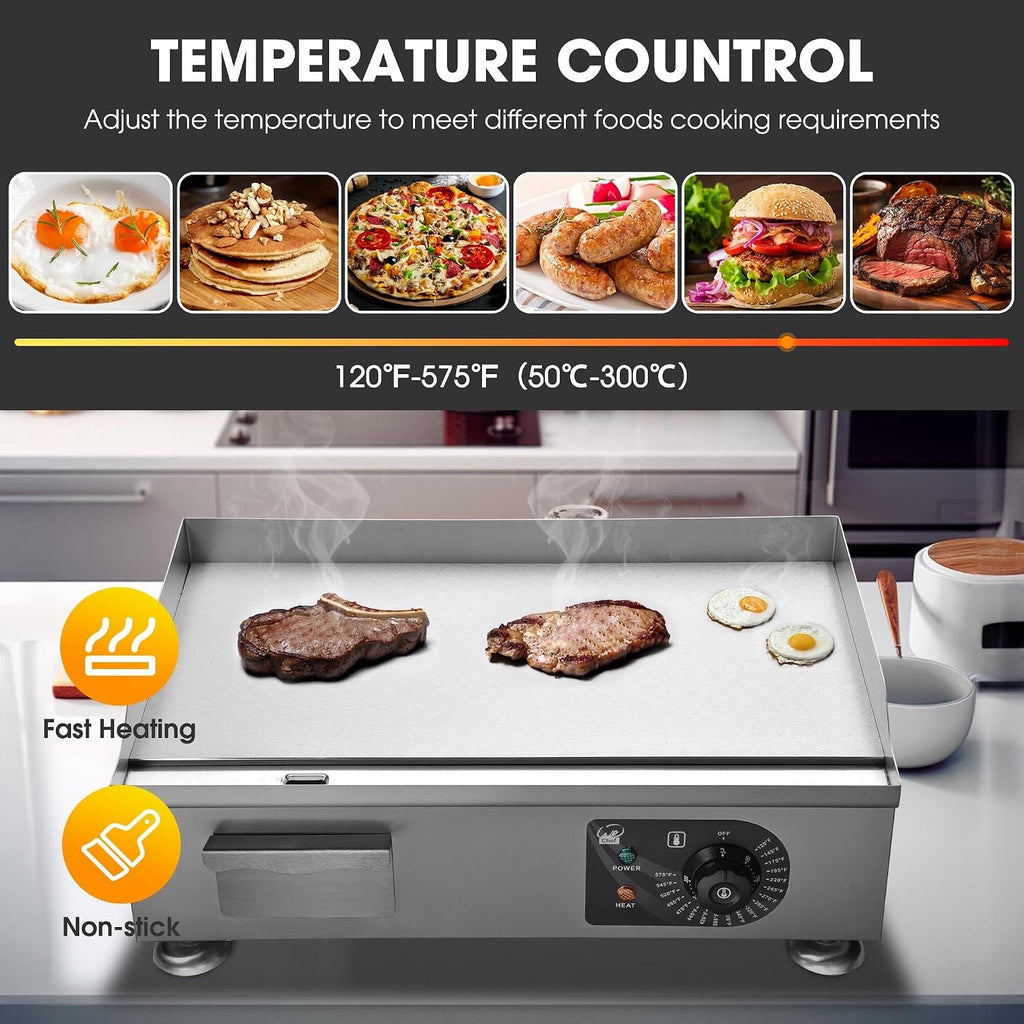 WeChef 22'Commercial Griddle 3000W Electric Countertop Griddle Non-Stick Flat Stainless Steel Adjustable Restaurant Grill Temperature Control Restaurant BBQ Grill