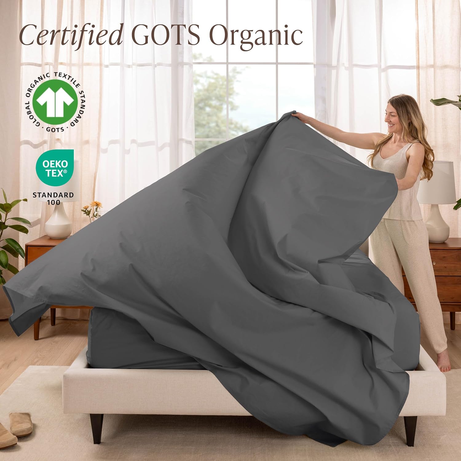Bare Home 100% Organic Cotton Split King Sheet Set - Crisp Percale Weave - Lightweight & Breathable - Bedding Sheets & Pillowcases (Split King, Grey)