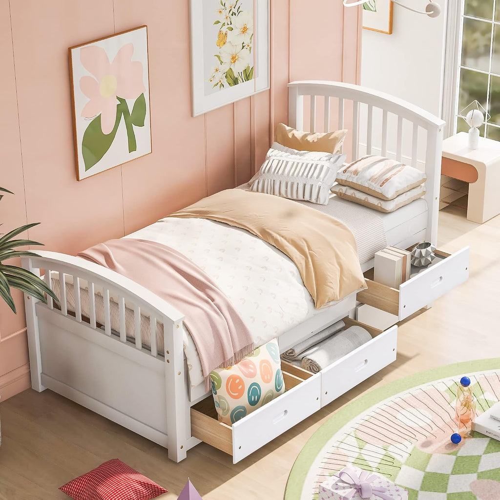 Merax Twin Size Platform Storage Bed Solid Wood Bed with 6 Drawers,White