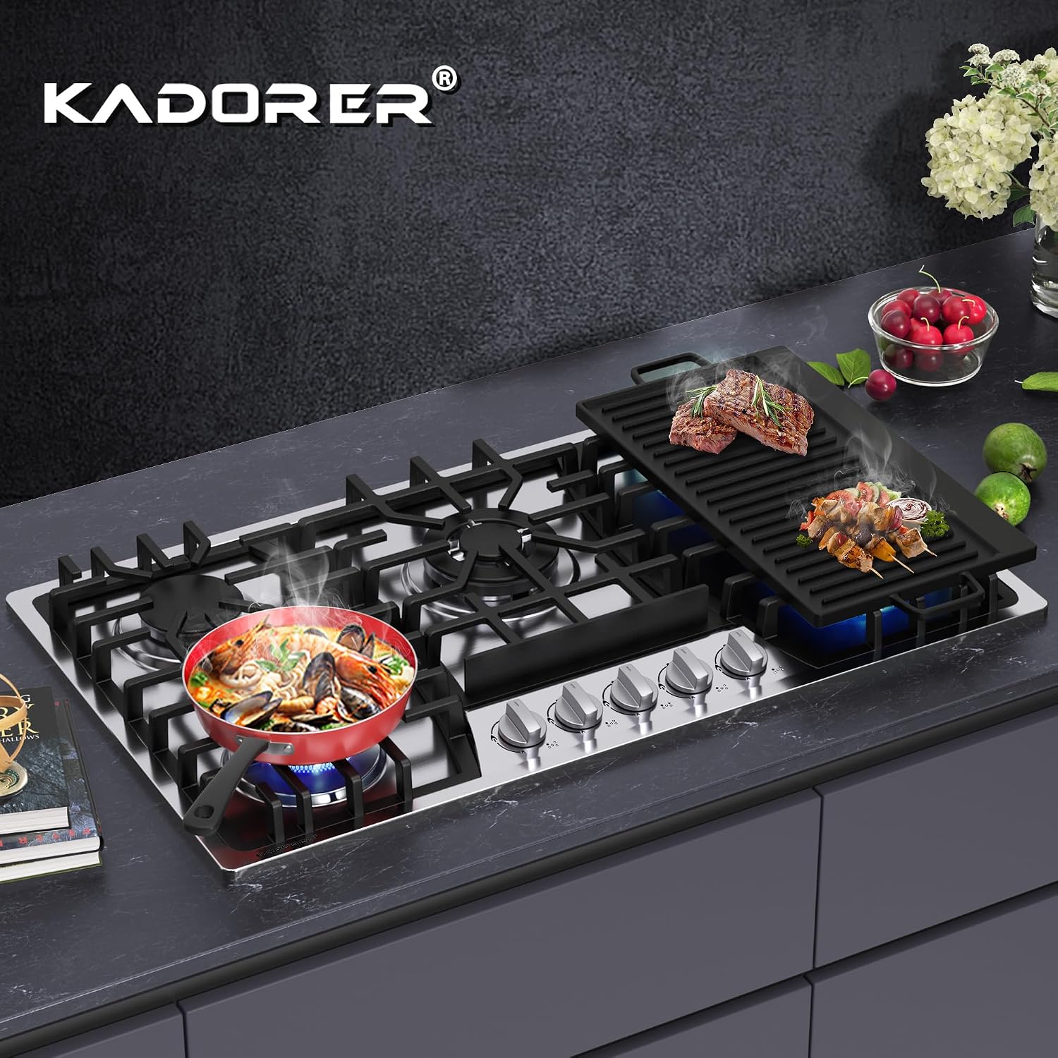 36 inch Gas Cooktop with Griddle, Bulit-in Gas Stove Top with 5 Burner, NG/LPG Convertible Cooktops, 5 Burner Propane Cooktop with Thermocouple Protection, Stainless Steel