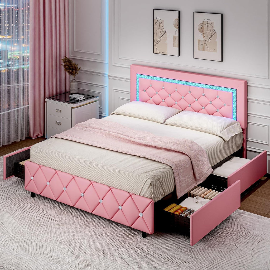 BarnFurin Queen Bed Frame with LED Lights, Upholstered Bed Frame with 4 Storage Drawers, Princess Platform Bed with Diamond Headboard and Footboard, No Box Spring Needed, Pink