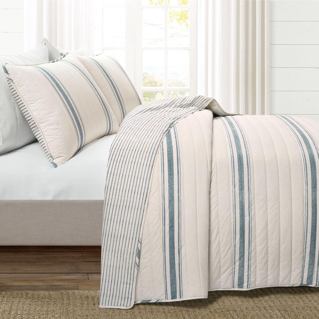 Lush Decor Farmhouse Stripe Reversible Cotton Quilt King Size 3 Piece Set Blue - Farmhouse Bedding Set King Quilt - Striped Bedding